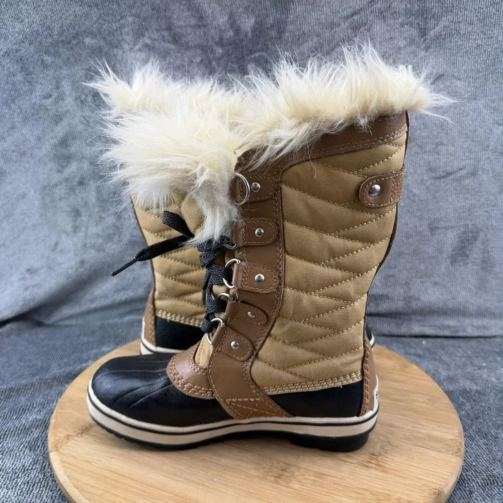 Sorel Boots Girls Size 1 Brown Nylon Faux Fur Waterproof Winter Snow NY2419-373
